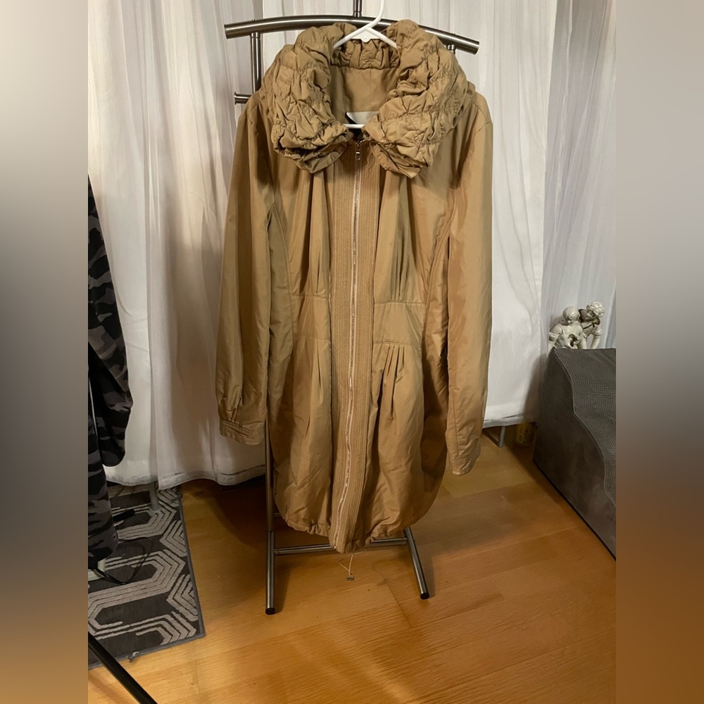 Elie Tahari Tan Trench Coat with Ruffled Collar